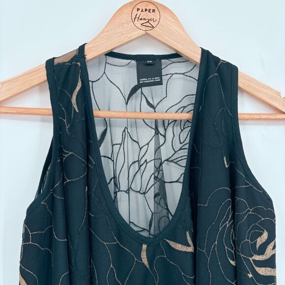 Whimsigoth Sheer Layered Black Tank Top with Gold Details, Sz Medium, Flowy - Picture 3 of 10